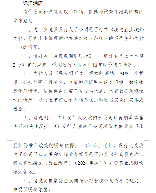 配操盘 锦江酒店港股上市收到证监会反馈意见 需说明上市禁止情形、国资情况及数据安全等问题